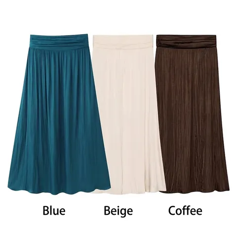 Eleganter Damen Plissee Maxirock Hohe Taille Satin Optik Einfarbig A-Linie Langer Rock Bequemer Business Stil