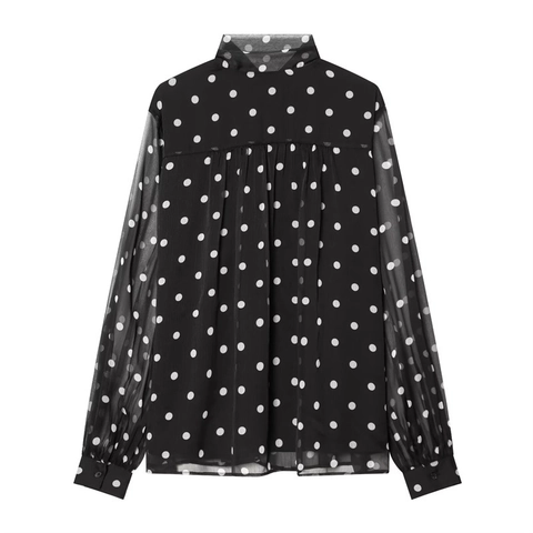 Damen Vintage Polka Dot Schluppen-Bluse Elegant Transparent Langarm Stehkragen Reguläre Passform Frühling Casual Hemd