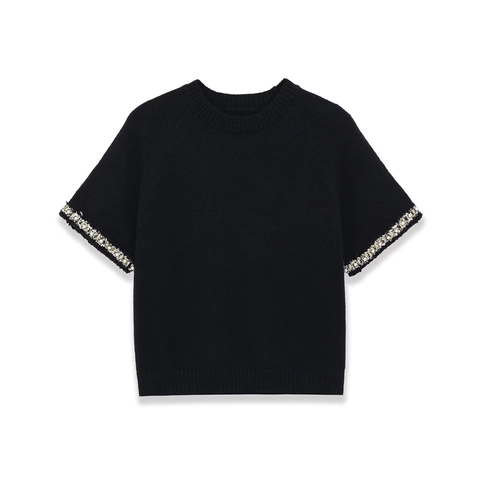 Women Fashion Slim Fit Faux Artificial Pearl Rhinestone Cuff Short Sleeve Knit Sweater Ribbed Round Neck Black Pullover Knitwear Top