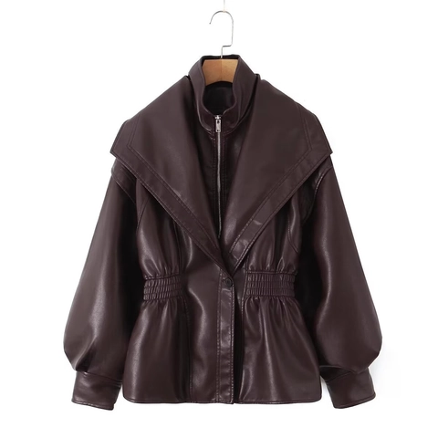 Giacca da Donna in Similpelle Revers Maniche a Lanterna Cerniera Vita a Punto Smock Cappotto PU Moto Casual