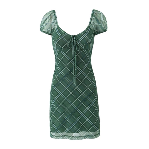 Robe Courte Sexy à Carreaux Verts pour Femmes Style Vintage Français Maille Manches Bouffantes Col Cœur Moulante