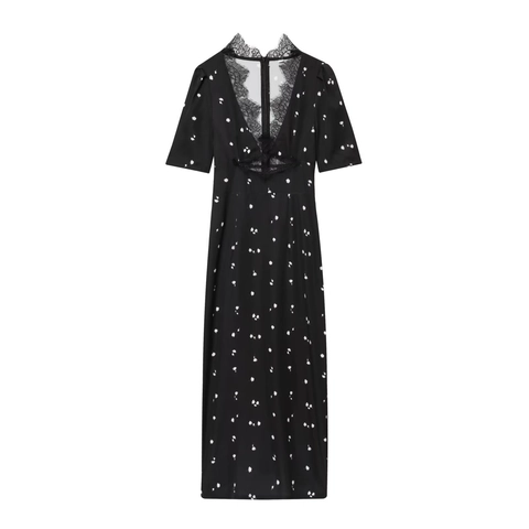 Women Sexy V-Neck Floral Maxi Dress With Lace Edge Polyester Puff Short Sleeve High Waist Slimming European Style Party