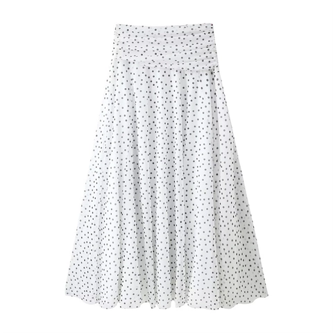 Damen Sexy Hohe Taille Polka Dot Mesh Midirock Geraffter Elastischer Bund A-Linie Swing Rock Weiß Schwarz Streetwear Chic