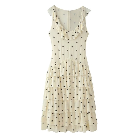 Dames Sexy Polka Dot Mouwloos Ruffle V-hals Gelaagde Taart Midi Jurk Rugvrij Elegant Franse Stijl Zomer Vakantie Outfits