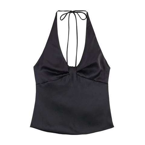 Sexy Satin Halter Top Γυναικείο Εξώπλατο Λαιμόκοψη V Πλισέ Χωρίς Μανίκια Slim Fit Streetwear Tank Top για Καλοκαιρινό Πάρτι