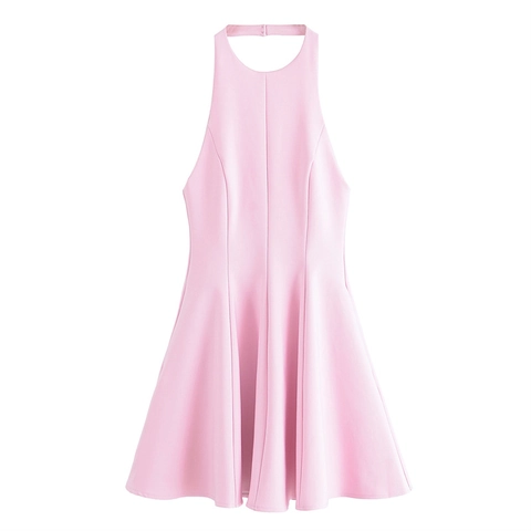 Vestido Midi Sexy con Cuello Halter Sin Mangas Ajustado de Línea A en Malla para Mujer Color Sólido Verano Fiesta Moda Pulóver