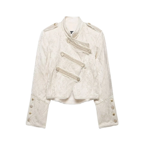 Damen Militärstil Jacquard Jacke Vintage Stehkragen Reliefknopf Epaulette Offene Kante Kurzer Mantel Außenbekleidung