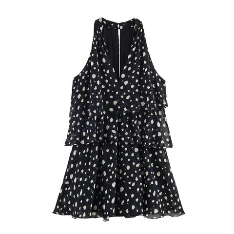Dames Sexy Polka Dot Gelaagde Halternek Mini Jurk Mouwloos Rugloos Ruffle Chiffon Taartjurk Feest Vakantie Zwart