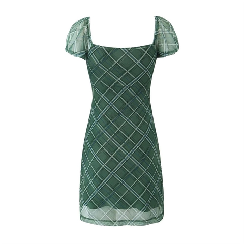 Robe Courte Sexy à Carreaux Verts pour Femmes Style Vintage Français Maille Manches Bouffantes Col Cœur Moulante