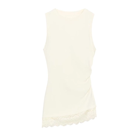 Débardeur en Tricot Sexy sans Manches pour Femme Côté Froncé Ourlet en Dentelle Asymétrique Col Rond Coupe Ajustée