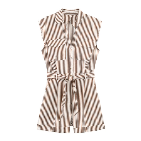 Damen Casual Seersucker Gestreift Ärmellos Einteiler Button Down Revers Jumpsuit mit Gürtel für Sommerurlaub Mode Kleidung