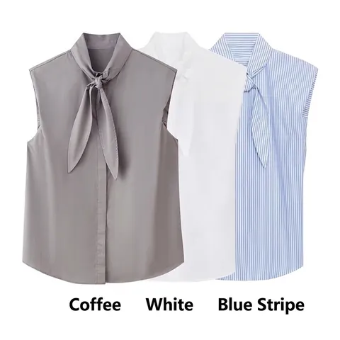 Dames Mouwloos Overhemd Met Strik Nek Gestreepte Effen Kleur Casual Kantoor Blouse Top