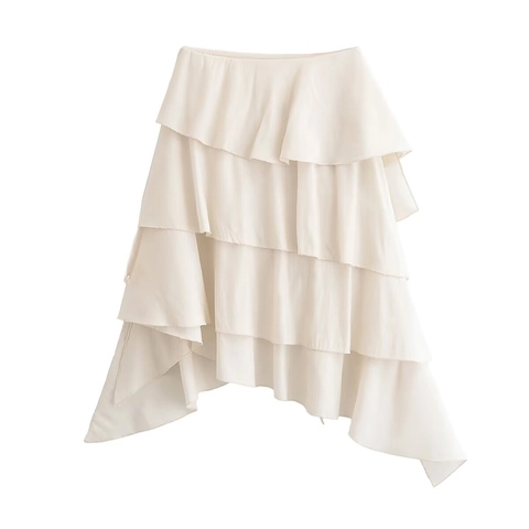 Falda de Moda Callejera para Mujer Irregular con Volantes en Capas Media Longitud Asimétrica Color Sólido Blanco Leche Poliéster