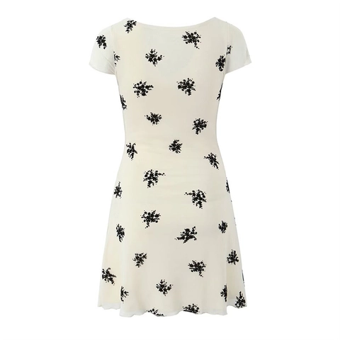 Französischer Vintage Mini-Kleid Damen Sexy Rückenfrei Spitzenbesatz Bindedetail Kurzarm A-Linie Sommer Blumenkleid