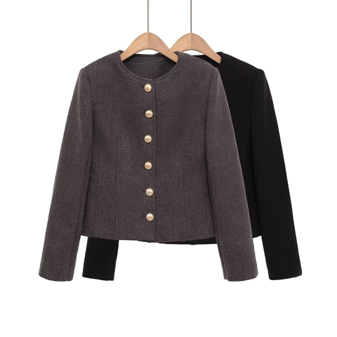 Giacca Corta in Tweed da Donna Elegante Girocollo Bottoni Oro Stile Vintage Chanel Blazer Manica Lunga per Ufficio