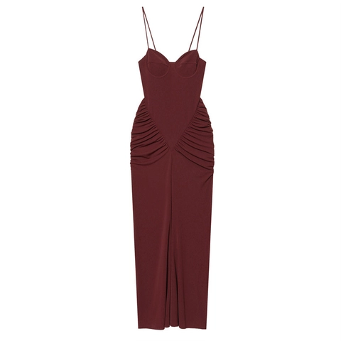 Damen Raffung Bustier Spaghettiträger Maxi Kleid Burgund Schlank Bodycon Abend Party Elegant Ärmellos Clubwear Langes Kleid