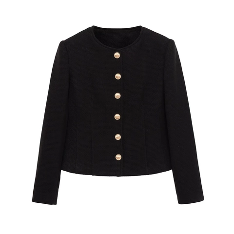 Giacca Corta in Tweed da Donna Elegante Girocollo Bottoni Oro Stile Vintage Chanel Blazer Manica Lunga per Ufficio