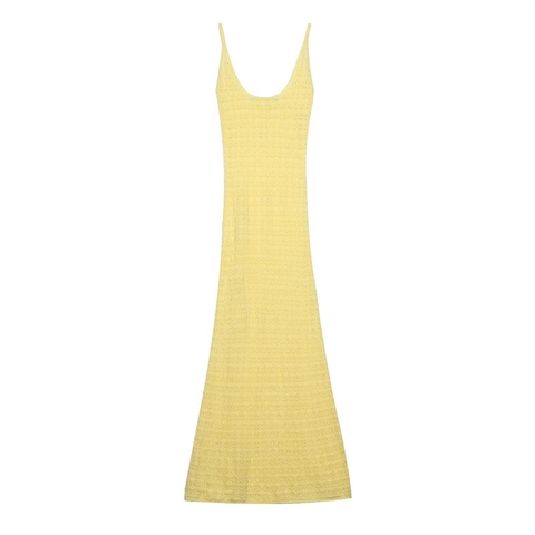 Dames Sexy Ajourgebreide Spaghettibandjes Jurk U-Hals Rugloos Bodycon Midi Maxi Jurk Voor Zomer Strand Vakantie Geel
