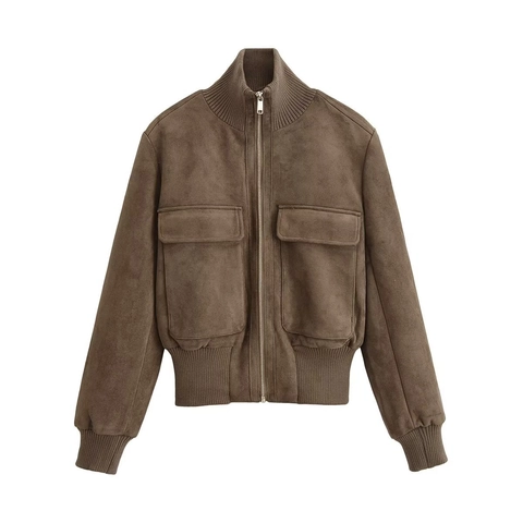 Chaqueta Piloto De Efecto Ante Para Mujer Ribete Acanalado Bomber Con Cremallera Y Bolsillos Color Sólido Streetwear Primavera Otoño