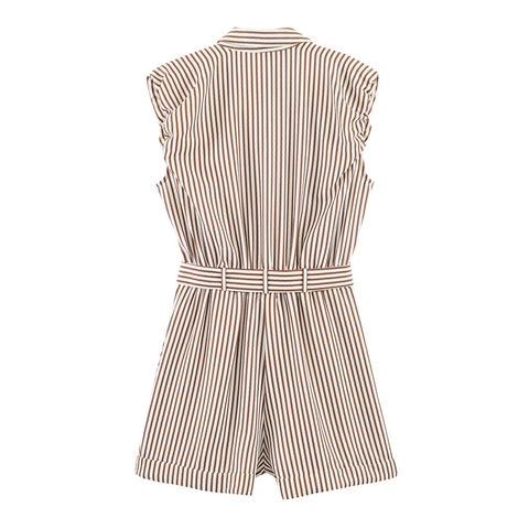 Damen Casual Seersucker Gestreift Ärmellos Einteiler Button Down Revers Jumpsuit mit Gürtel für Sommerurlaub Mode Kleidung