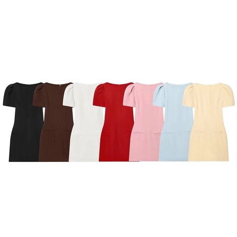 Women Slim Fit Solid Color Short Sleeve Puff Sleeve Mini Dress With Decorative Pockets Round Neck Summer Casual Bodycon Dress