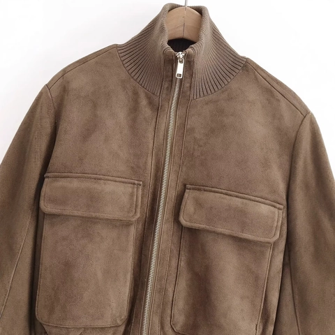 Chaqueta Piloto De Efecto Ante Para Mujer Ribete Acanalado Bomber Con Cremallera Y Bolsillos Color Sólido Streetwear Primavera Otoño