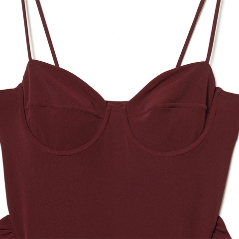 Damen Raffung Bustier Spaghettiträger Maxi Kleid Burgund Schlank Bodycon Abend Party Elegant Ärmellos Clubwear Langes Kleid