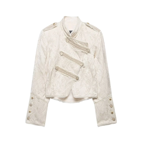 Damen Militärstil Jacquard Jacke Vintage Stehkragen Reliefknopf Epaulette Offene Kante Kurzer Mantel Außenbekleidung