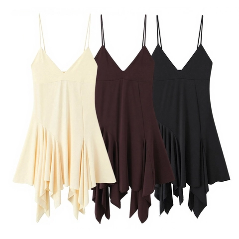 Dames Sexy Asymmetrische Spaghettibandjes Jurk V-Hals Open Rug Ruffle Mini Jurk Effen Kleur Slim Fit Club Feest Avondjurk