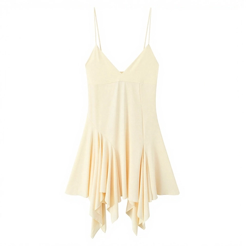 Dames Sexy Asymmetrische Spaghettibandjes Jurk V-Hals Open Rug Ruffle Mini Jurk Effen Kleur Slim Fit Club Feest Avondjurk
