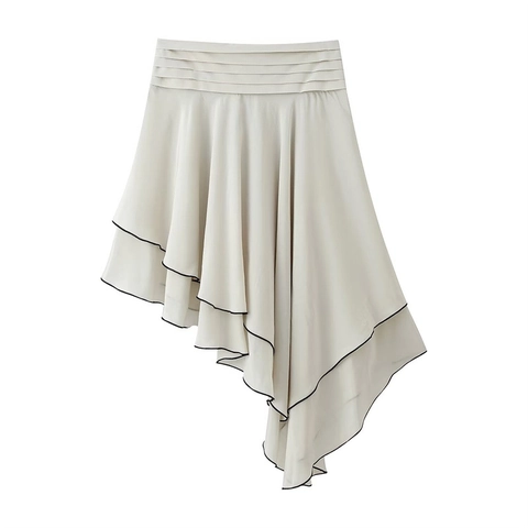 Women Sexy Asymmetric Tiered Ruffle Midi Skirt Beige With Black Piping High Waist Pleated Elegant Fashion Streetwear Skirt