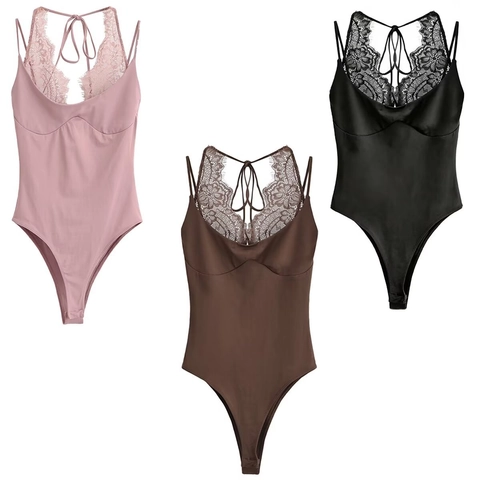 Damen Spitze Patchwork Bodysuit Satin Ärmellos V-Ausschnitt Rückenfrei Bindeband Slim Fit Mauve Schwarz Braun Overall Tops