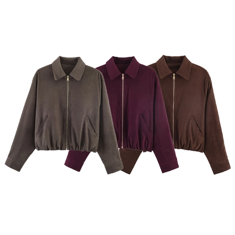 Giacca Casual da Donna Effetto Scamosciato Con Colletto Polo Cerniera Vestibilità Larga Tinta Unita Manica Lunga