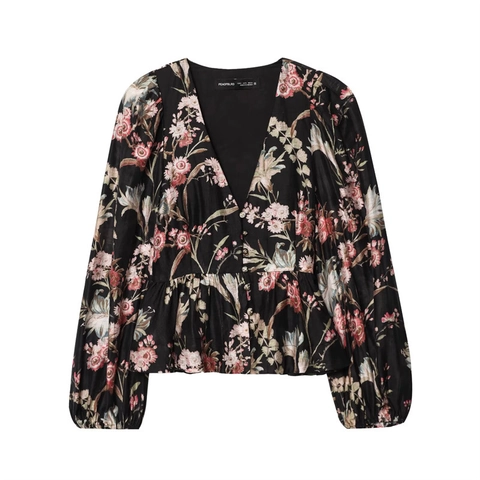Damen Vintage Blumen V-Ausschnitt Schößchen Bluse Langarm Button Down Hemd Chic Französischer Stil Lässig Top Gelb Schwarz