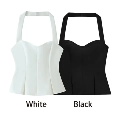 Women Sexy Sweetheart Neckline Halter Top Slim Fit Cropped Corset Style Polyester Solid Color Backless Summer Streetwear Top