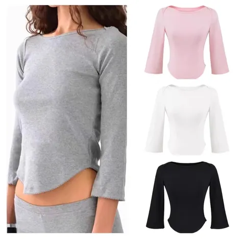 Camiseta Mujer Casual Cuello Barco Ajustada Mezcla Algodón Elastano Manga Tres Cuartos Color Sólido Dobladillo Curvo Top