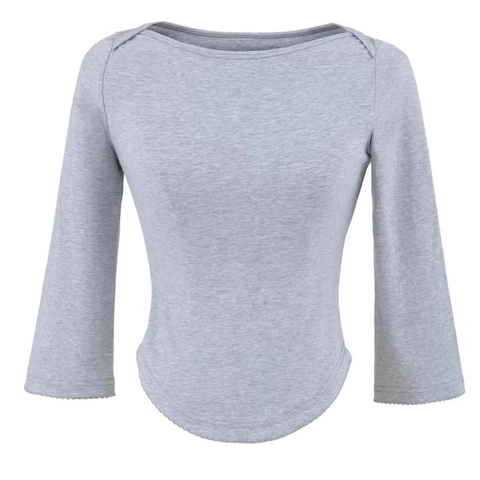 Camiseta Mujer Casual Cuello Barco Ajustada Mezcla Algodón Elastano Manga Tres Cuartos Color Sólido Dobladillo Curvo Top