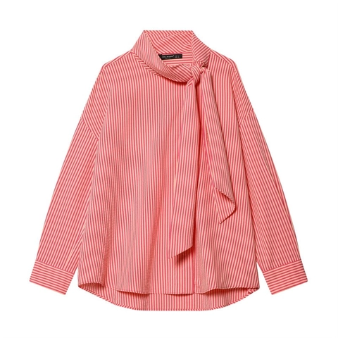 Women's Casual Loose Striped Long Sleeve Blouse With Pussy-bow Tie Neck Elegant Vertical Striped Button Down Shirt For Office Lady