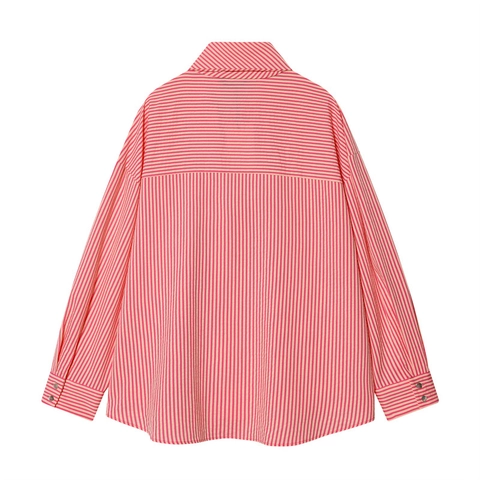 Women's Casual Loose Striped Long Sleeve Blouse With Pussy-bow Tie Neck Elegant Vertical Striped Button Down Shirt For Office Lady