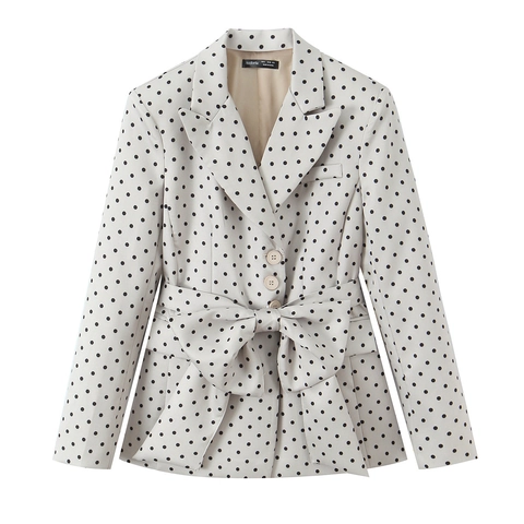 Women Polka Dot Blazer Jacket With Large Bow Belt Vintage Elegant Long Sleeve Lapel Suit Jacket For Office Daily Streetwear