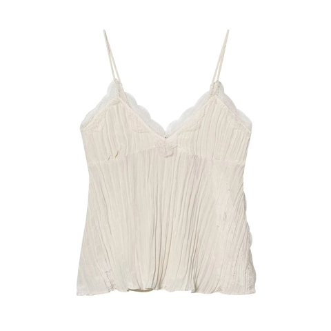 Damen Sexy Plissee Camisole Top Mit Spitze Patchwork V-Ausschnitt Off-White Street Style Mode Sommer Ärmelloses Top Für Damen