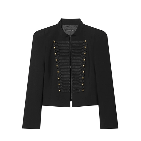 Veste Courte Style Militaire pour Femme Boutons Dorés Vintage Brandebourgs Col Montant Noir Ajusté Blazer Élégant