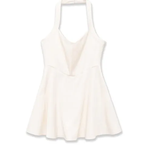 Women Fashion Halter Neck Mini Dress Solid White Sleeveless V Neck Backless A-Line Slim Fit Casual Summer Dress