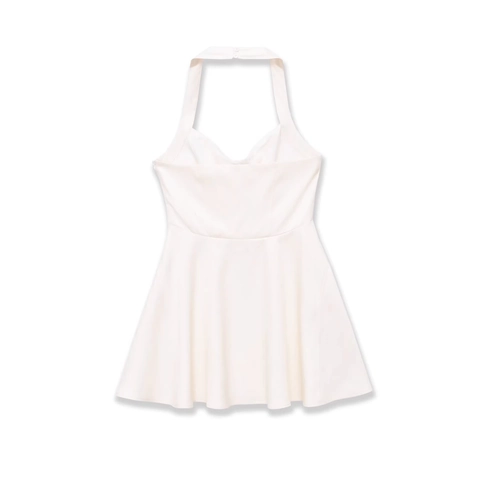 Women Fashion Halter Neck Mini Dress Solid White Sleeveless V Neck Backless A-Line Slim Fit Casual Summer Dress