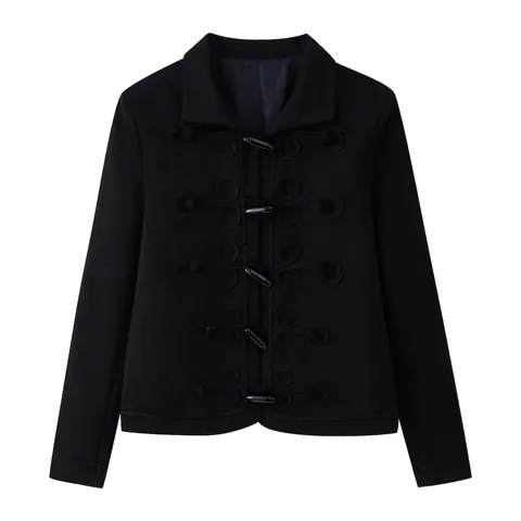 Chaqueta Corta Negra Vintage para Mujer Cuello Alto Color Sólido Abrigo de Manga Larga Con Decoración de Alamares