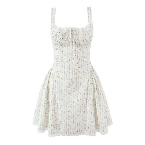 French Retro Floral Camisole Dress Lace Trim Bow Tie Backless High Waist A-Line Mini Dress For Women Summer Casual Outfit