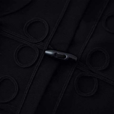 Chaqueta Corta Negra Vintage para Mujer Cuello Alto Color Sólido Abrigo de Manga Larga Con Decoración de Alamares