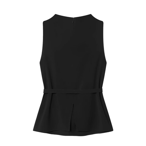 Damen Sexy Wasserfallausschnitt Ärmelloses Oberteil Mit Gürtel Schlanke Passform Rückenreißverschluss Einfarbig Schwarz Bluse