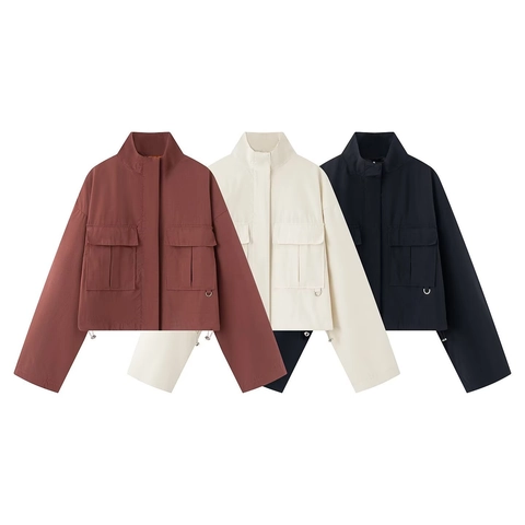 Women Casual Stand Collar Short Cargo Jacket With Pockets Drawstring Hem Lightweight Polyester Windproof Coat For Daily Wear