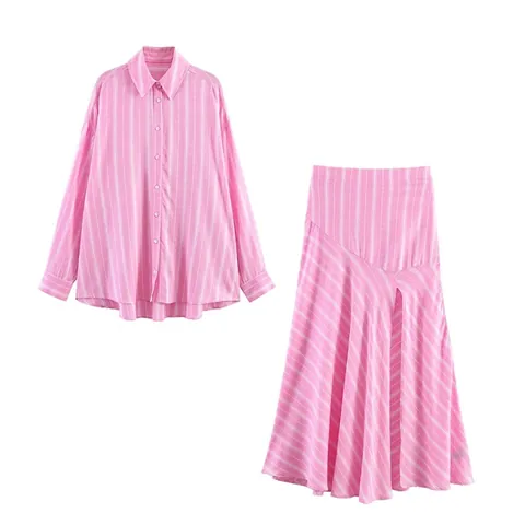 Conjunto De Camisa Y Falda Midi A Rayas Rosa Blanco Para Mujer Top De Manga Larga Con Botones Falda De Cintura Alta Con Abertura